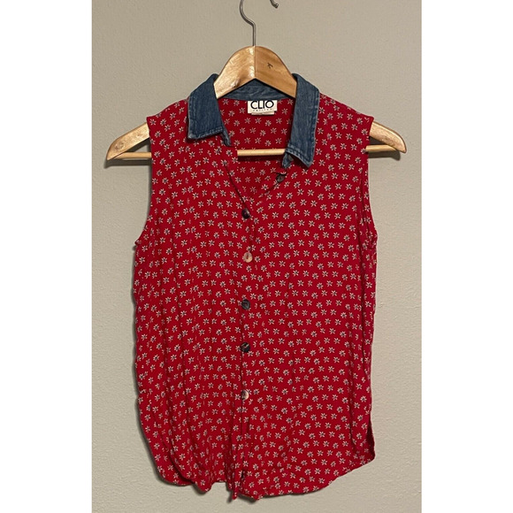 Vintage Womens Top Petite Medium Red Floral Button Up Garden Cottagecore 90s - Picture 1 of 8